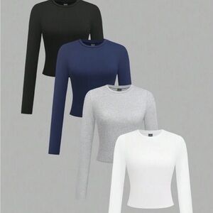 Long Sleeve Crop Tops - Black, Blue, Gray, White (4)